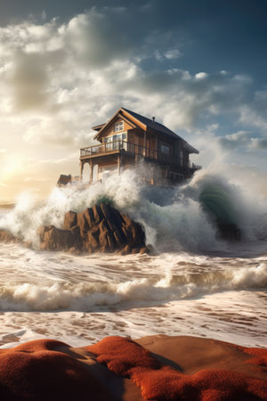 beach house with ocean waves in the background, created with generative aiの素材