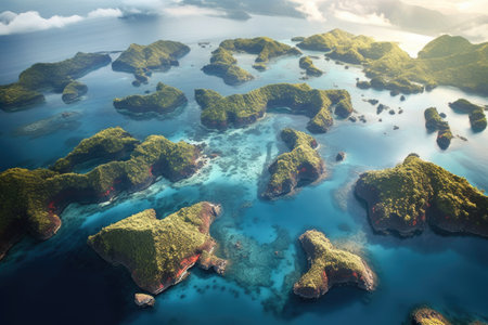 birds eye view of volcanic island archipelago, created with generative aiの素材