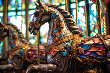 carousel horses with ornate details and lights, created with generative aiの素材