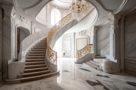 curved marble staircase in a luxury mansion, created with generative aiの素材