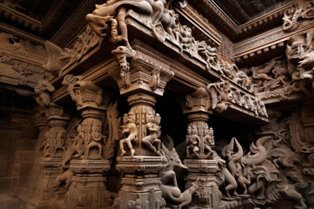 elaborate carvings of mythical creatures in hindu temple, created with generative aiの素材