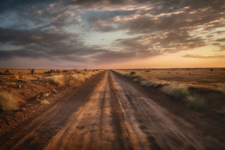 dusty dirt road disappearing into the horizon, created with generative aiの素材