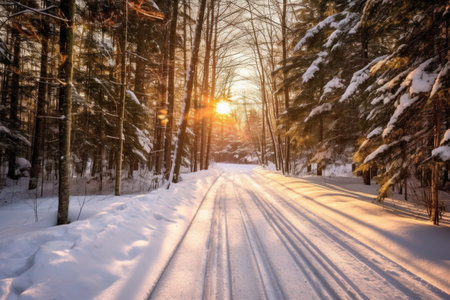 freshly groomed ski trails surrounded by pine trees, created with generative aiの素材