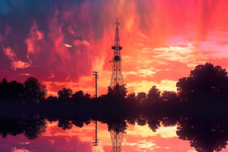 5g tower silhouette during sunset or sunrise, created with generative aiの素材