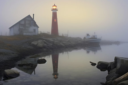 foggy scene with a lighthouses light barely visible, created with generative aiの素材