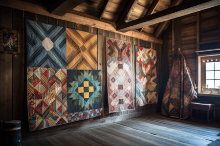 vintage quilts displayed on a rustic wooden wall, created with generative aiの素材