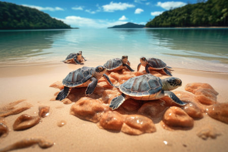 group of sea turtles hatching on sandy beach, created with generative aiの素材