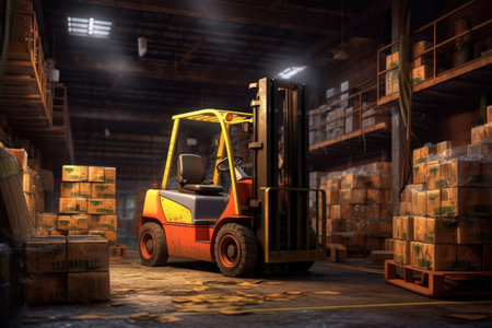 forklift lifting heavy cargo in a warehouse, created with generative aiの素材