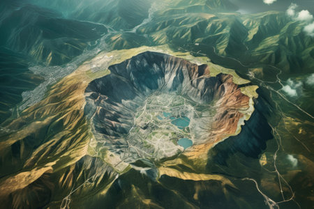 aerial view of a vast open-pit mine in a mountainous region, created with generative aiの素材