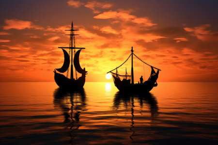 viking ship sailing into sunset, silhouetted, created with generative aiの素材