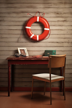 lifebuoy on a wooden desk representing safety and insurance, created with generative aiの素材