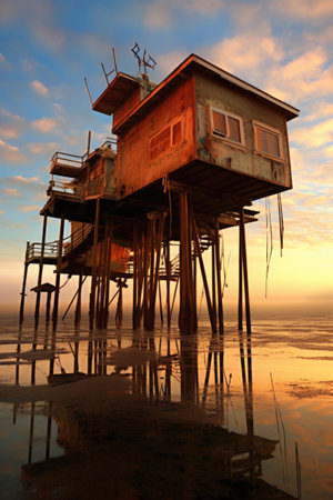 beach house on stilts overlooking the ocean, created with generative aiの素材