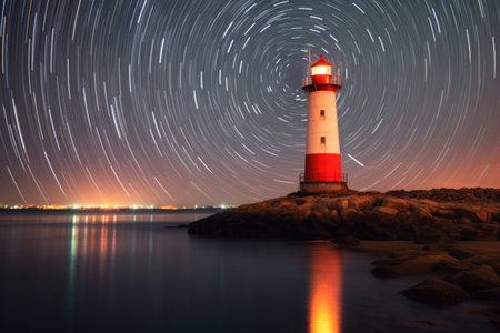 nighttime long exposure of a lighthouse with star trails above, created with generative aiの素材