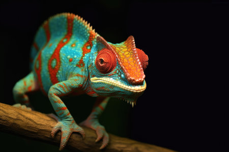 close-up of a vibrant chameleon on a branch, created with generative aiの素材