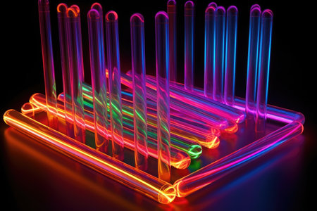 glowing neon glass tubes in abstract formation, created with generative aiの素材