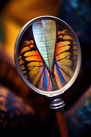 magnifying glass inspecting a colorful butterfly wing, created with generative aiの素材