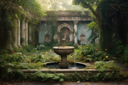 a deserted, overgrown garden with a forgotten fountain, created with generative aiの素材