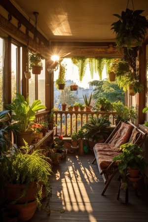 sunlit balcony with potted plants and outdoor seating, created with generative aiの素材