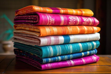 silk saree folded in a stack with vibrant colors, created with generative aiの素材