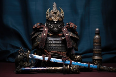antique samurai sword resting on armor pieces, created with generative aiの素材