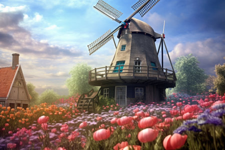 dutch windmill with blooming flowers in foreground, created with generative aiの素材