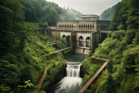 hydroelectric dam with surrounding lush landscape, created with generative aiの素材