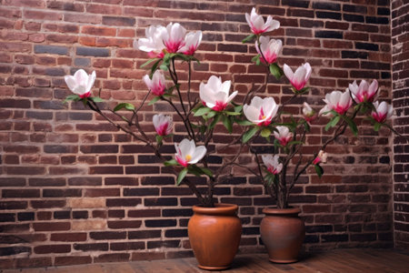 magnolia flowers against a brick wall background, created with generative aiの素材