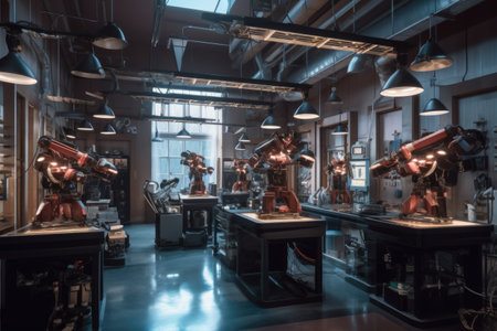 high-tech ai lab with multiple robotic arms, created with generative aiの素材