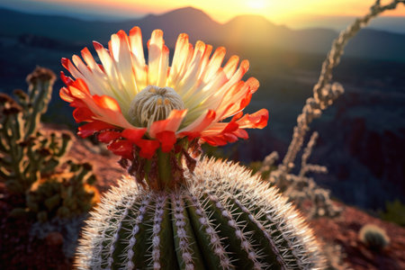 close-up of a blooming saguaro cactus at sunset, created with generative aiの素材