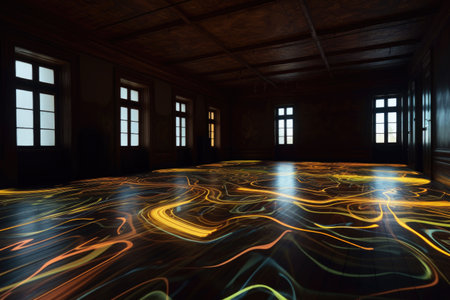 abstract light patterns on a dark gallery floor, created with generative aiの素材