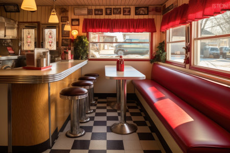 vintage diner booth with checkerboard floor, created with generative aiの素材