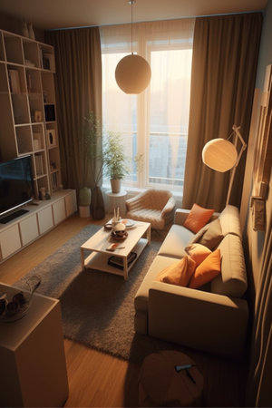 cozy living room with modern furniture arrangement, created with generative aiの素材