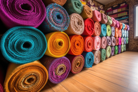 rolled up colorful carpets in a carpet shop, created with generative aiの素材