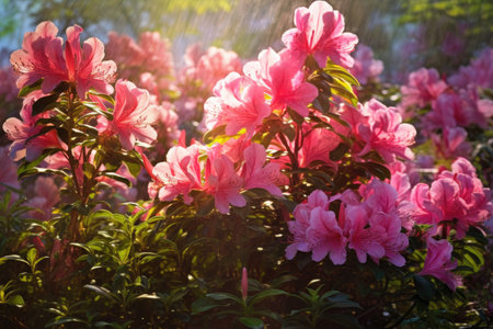 sunlit azalea bush with a soft focus background, created with generative aiの素材