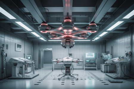robotic drone hovering in an ai lab, created with generative aiの素材