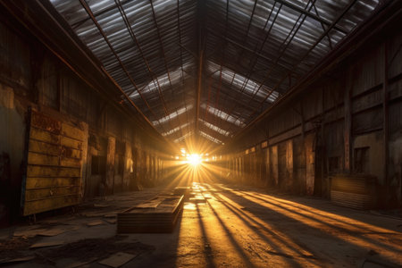 sunrays illuminating an empty ammunition depot, created with generative aiの素材