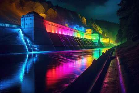night scene of a hydroelectric dam illuminated by colorful lights, created with generative aiの素材