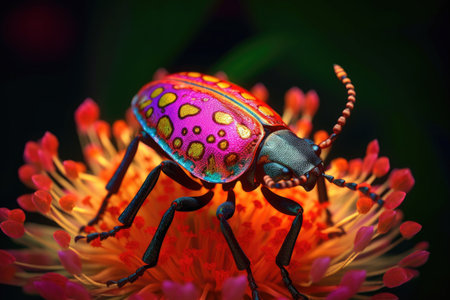 a beetle with a bright pattern crawling on a flower, created with generative aiの素材