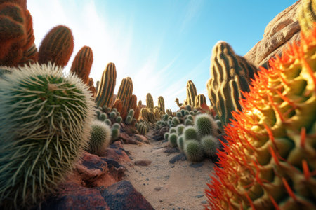 wide-angle shot of cactus clusters creating leading lines, created with generative aiの素材