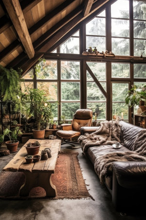 rustic living room with wooden beams and natural elements, created with generative aiの素材