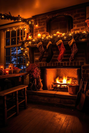 fireplace with stockings hanging and warm fire glow, created with generative aiの素材