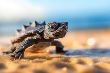 close-up of a turtle hatchling making its way to the ocean, created with generative aiの素材