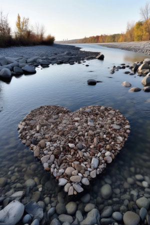 heart-shaped pebbles arranged on a riverbed, created with generative aiの素材