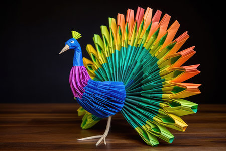 colorful origami peacock with fanned tail, created with generative aiの素材