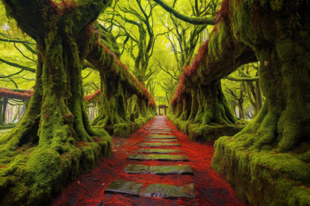 moss-covered stone pathway lined with vibrant japanese maple trees, created with generative aiの素材