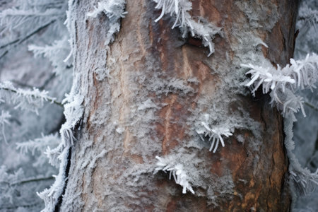 close-up of frost-covered tree bark, created with generative aiの素材