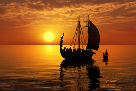 viking ship sailing into sunset, silhouetted, created with generative aiの素材