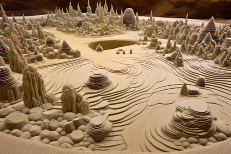 sand garden with intricate swirling patterns and rocks, created with generative aiの素材