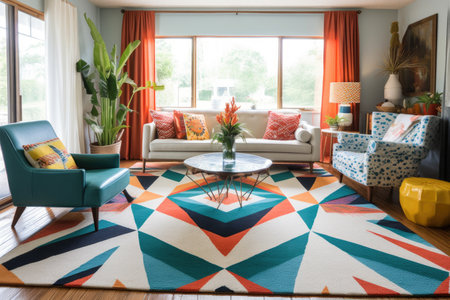 vibrant geometric patterned rug in a cozy living space, created with generative aiの素材