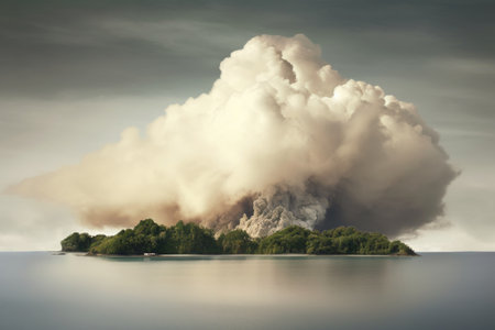 volcanic ash cloud rising over a remote island, created with generative aiの素材